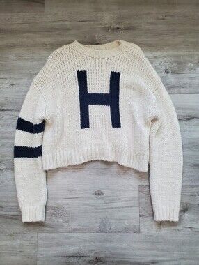Hollister Cream Cropped Knit Sweater with Navy 'H' and Stripe